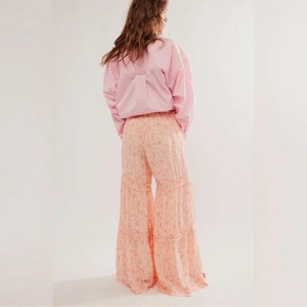 NEW Free People Emmaline Tiered Cottagecore Pull On Peach Combo Pants L - Picture 3 of 11